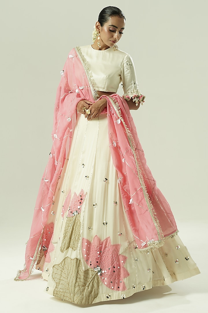 Ivory & Pink Satin Georgette Wedding Lehenga Set by Shwetanga at Pernia's Pop Up Shop