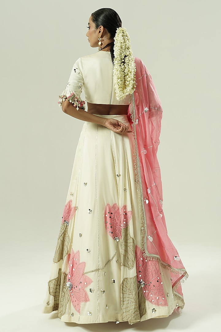 Ivory & Pink Satin Georgette Wedding Lehenga Set by Shwetanga at Pernia's Pop Up Shop