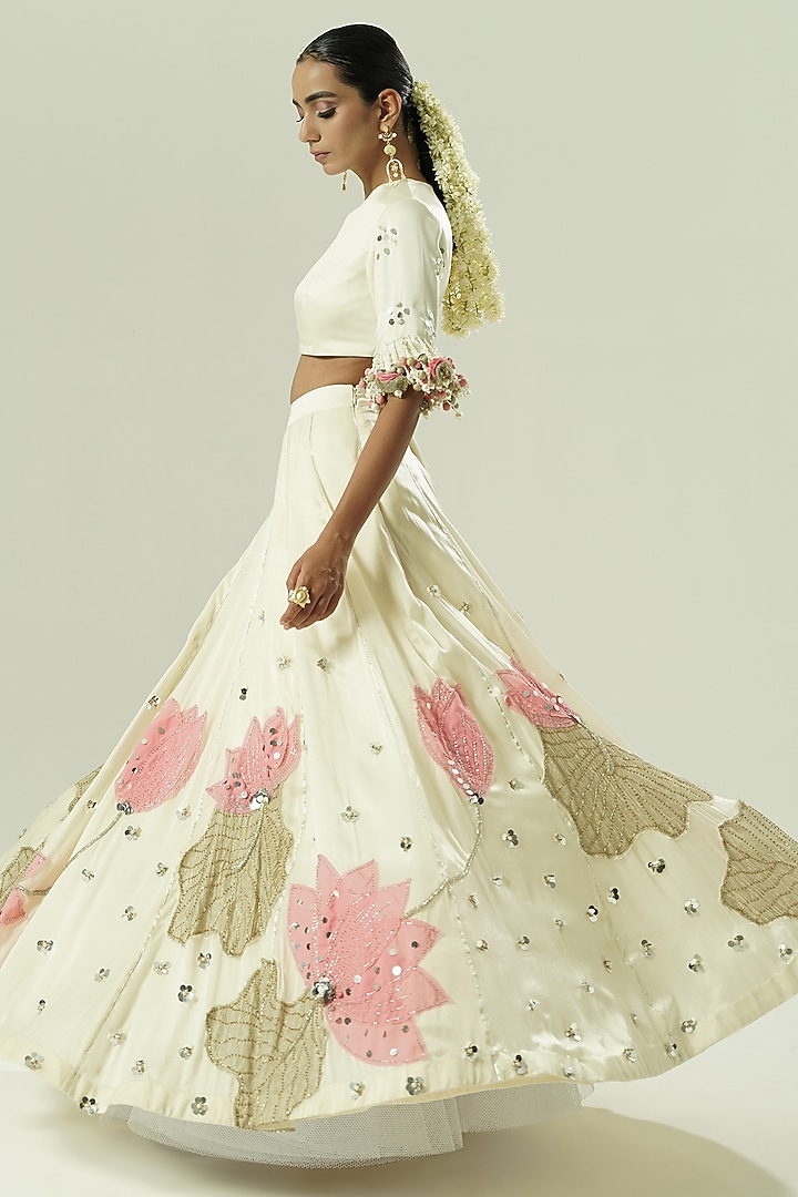 Ivory & Pink Satin Georgette Wedding Lehenga Set by Shwetanga at Pernia's Pop Up Shop