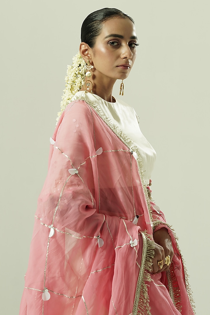 Ivory & Pink Satin Georgette Wedding Lehenga Set by Shwetanga at Pernia's Pop Up Shop