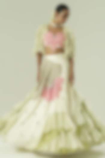 Multi-Colored Satin Georgette Patchwork Ruffled Wedding Lehenga Set by Shwetanga at Pernia's Pop Up Shop