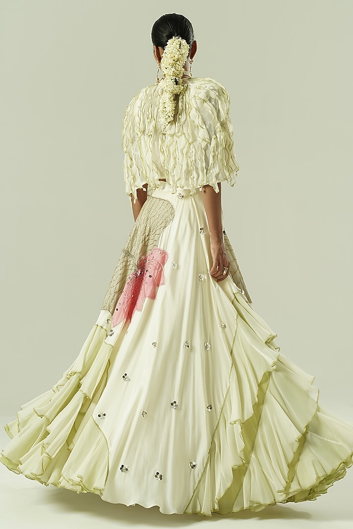 Multi-Colored Satin Georgette Patchwork Ruffled Wedding Lehenga Set by Shwetanga at Pernia's Pop Up Shop
