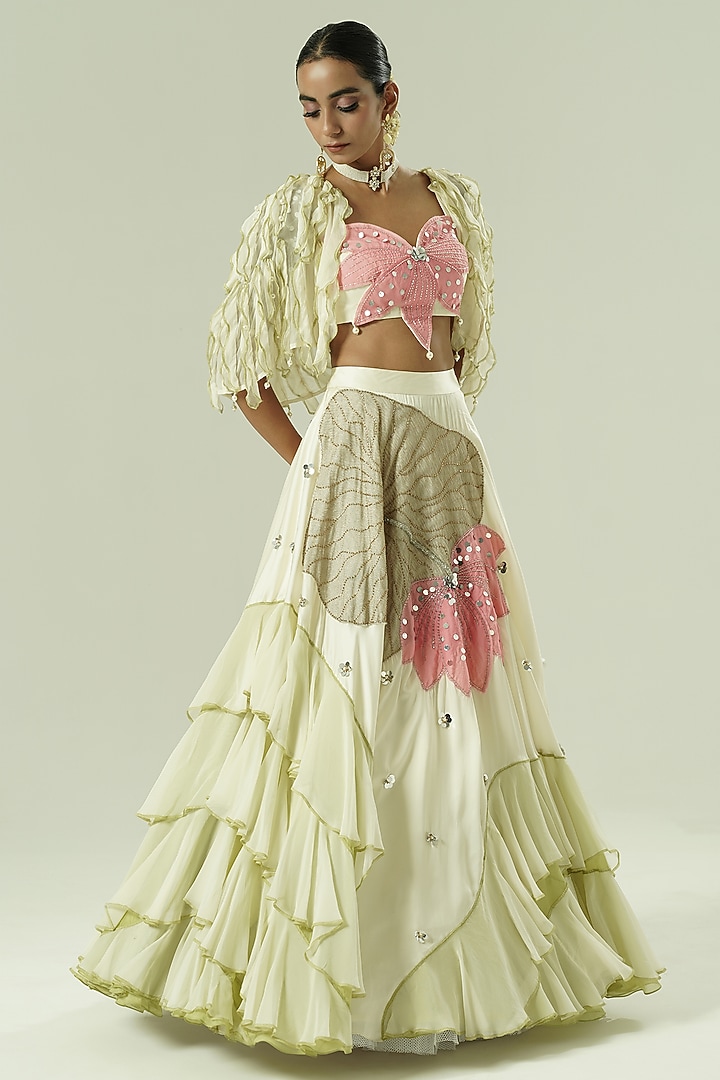 Multi-Colored Satin Georgette Patchwork Ruffled Wedding Lehenga Set by Shwetanga at Pernia's Pop Up Shop