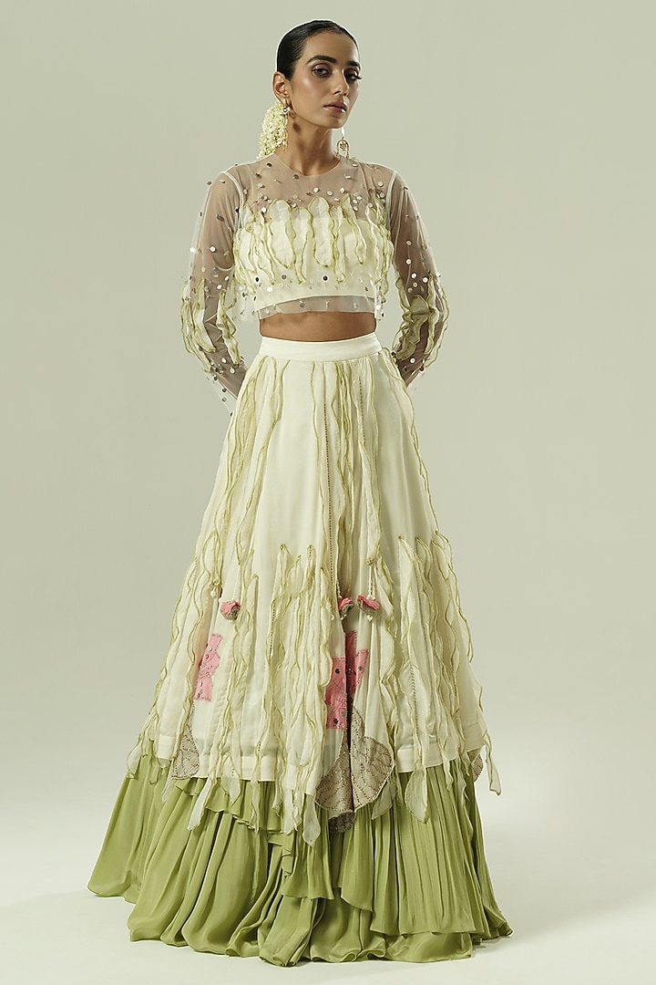 Multi-Colored Satin Georgette & Crepe Layered Wedding Lehenga Set by Shwetanga at Pernia's Pop Up Shop