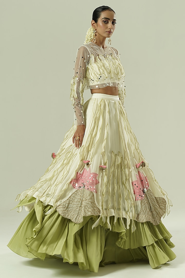 Multi-Colored Satin Georgette & Crepe Layered Wedding Lehenga Set by Shwetanga at Pernia's Pop Up Shop