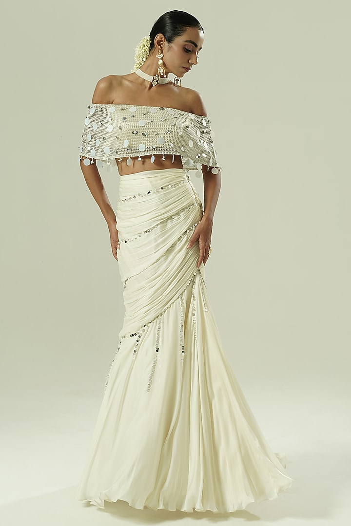 Ivory & Silver Satin Georgette Draped Skirt Set by Shwetanga at Pernia's Pop Up Shop