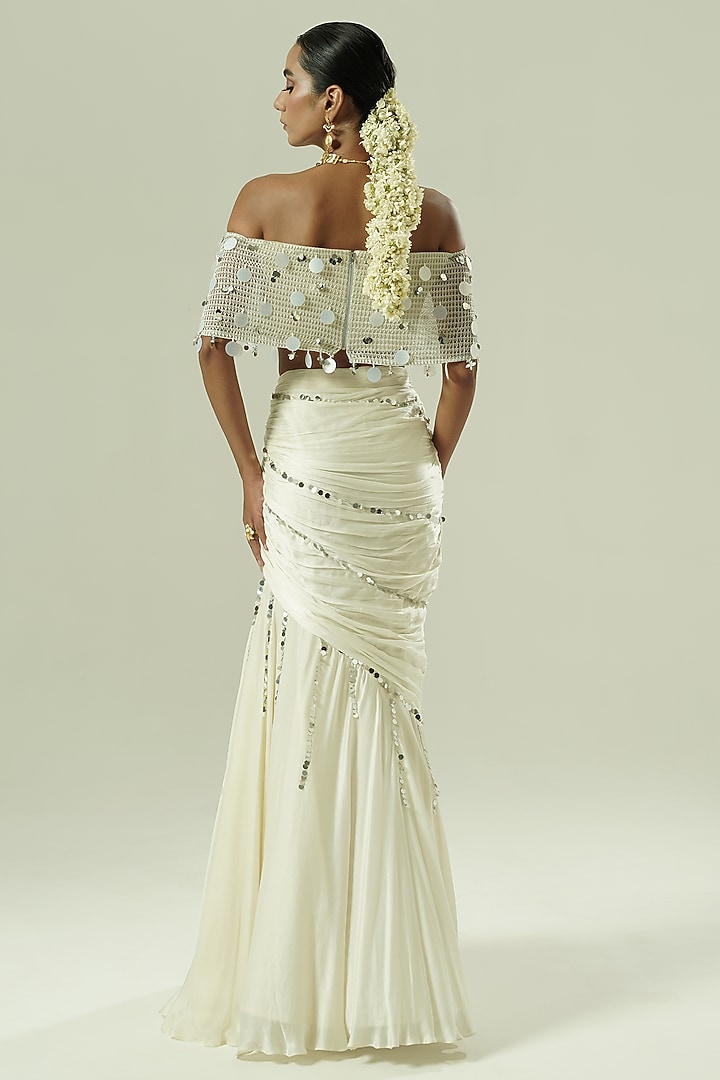 Ivory & Silver Satin Georgette Draped Skirt Set by Shwetanga at Pernia's Pop Up Shop