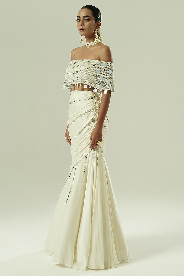 Ivory & Silver Satin Georgette Draped Skirt Set by Shwetanga at Pernia's Pop Up Shop