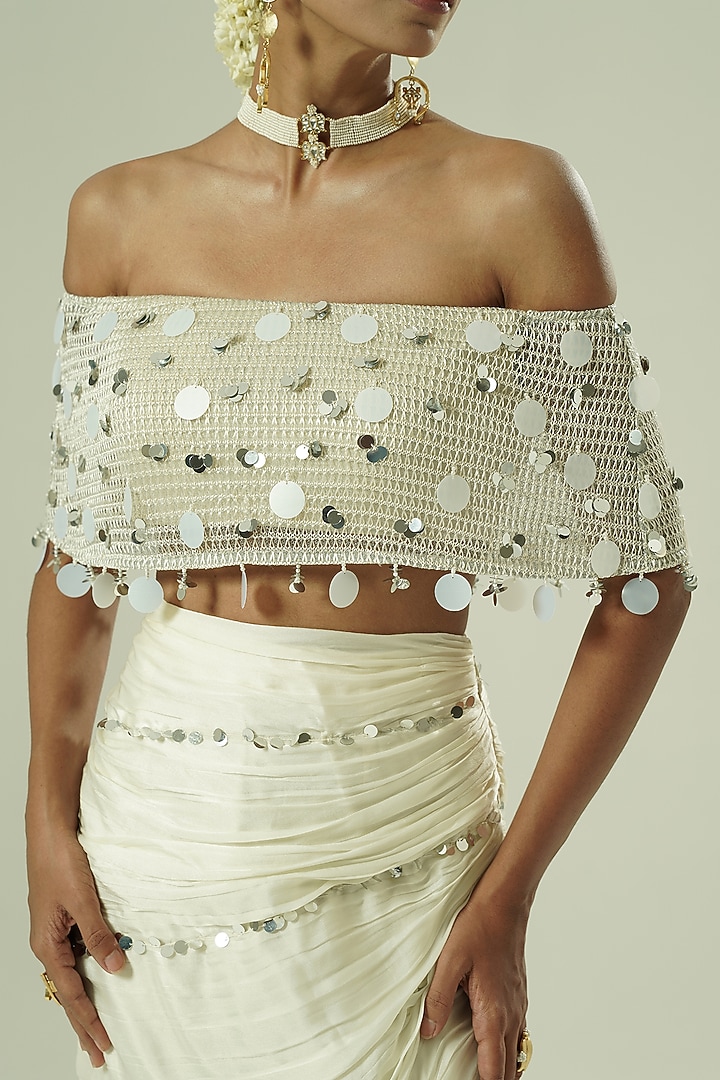 Ivory & Silver Satin Georgette Draped Skirt Set by Shwetanga at Pernia's Pop Up Shop