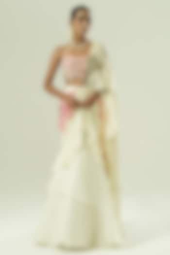 Ivory & Pink Satin Georgette Patchwork Draped Wedding Saree Set by Shwetanga at Pernia's Pop Up Shop