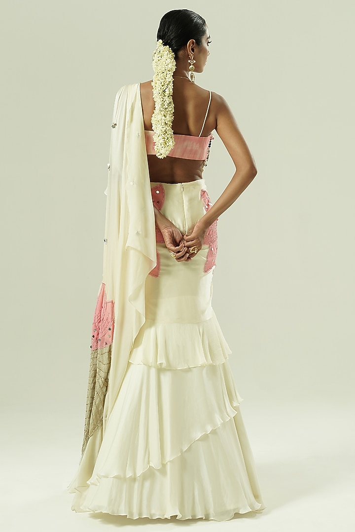 Ivory & Pink Satin Georgette Patchwork Draped Wedding Saree Set by Shwetanga at Pernia's Pop Up Shop