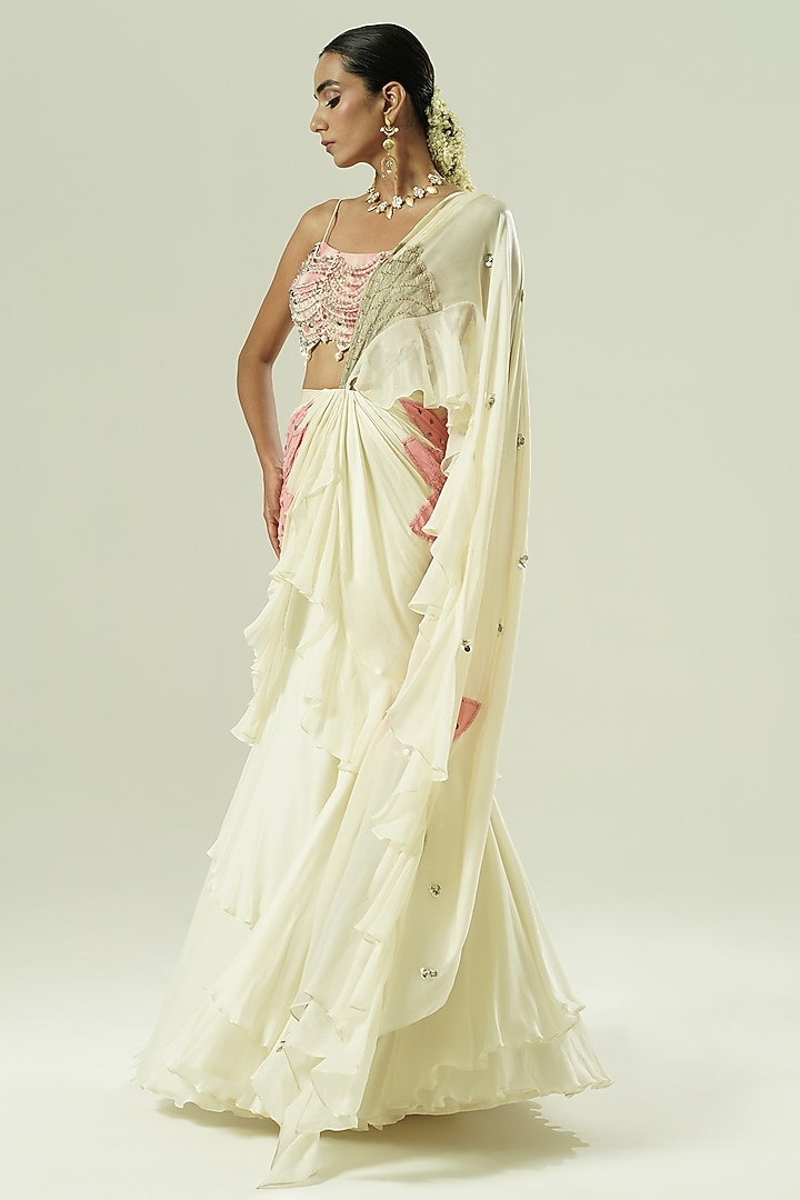 Ivory & Pink Satin Georgette Patchwork Draped Wedding Saree Set by Shwetanga at Pernia's Pop Up Shop