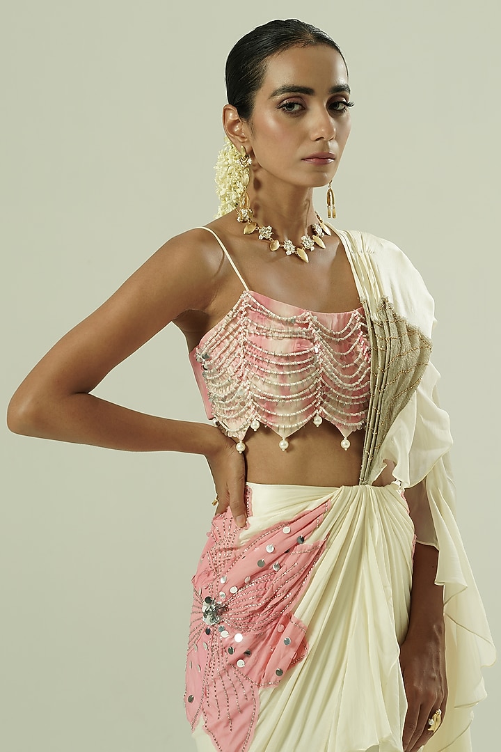 Ivory & Pink Satin Georgette Patchwork Draped Wedding Saree Set by Shwetanga at Pernia's Pop Up Shop