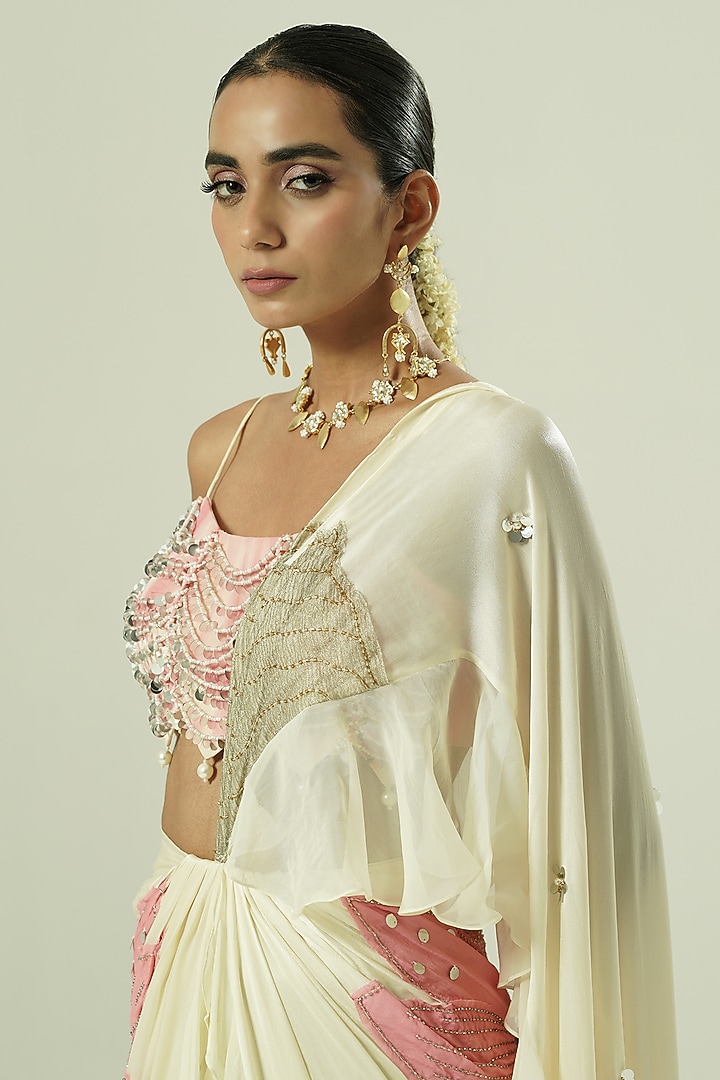Ivory & Pink Satin Georgette Patchwork Draped Wedding Saree Set by Shwetanga at Pernia's Pop Up Shop