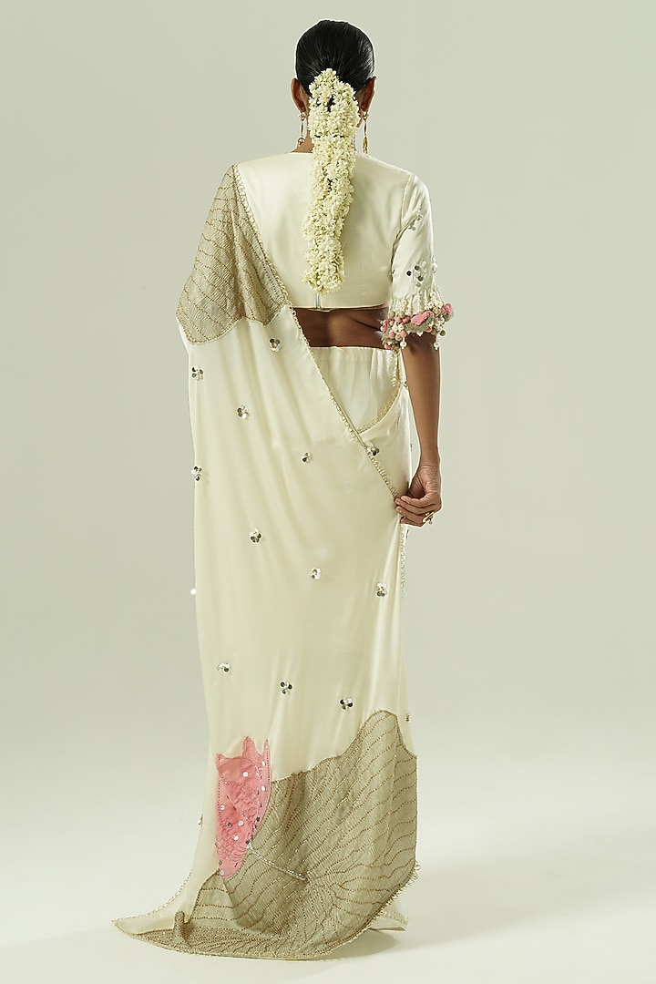 Ivory & Pink Satin Georgette Patchwork Party Wear Saree Set by Shwetanga at Pernia's Pop Up Shop