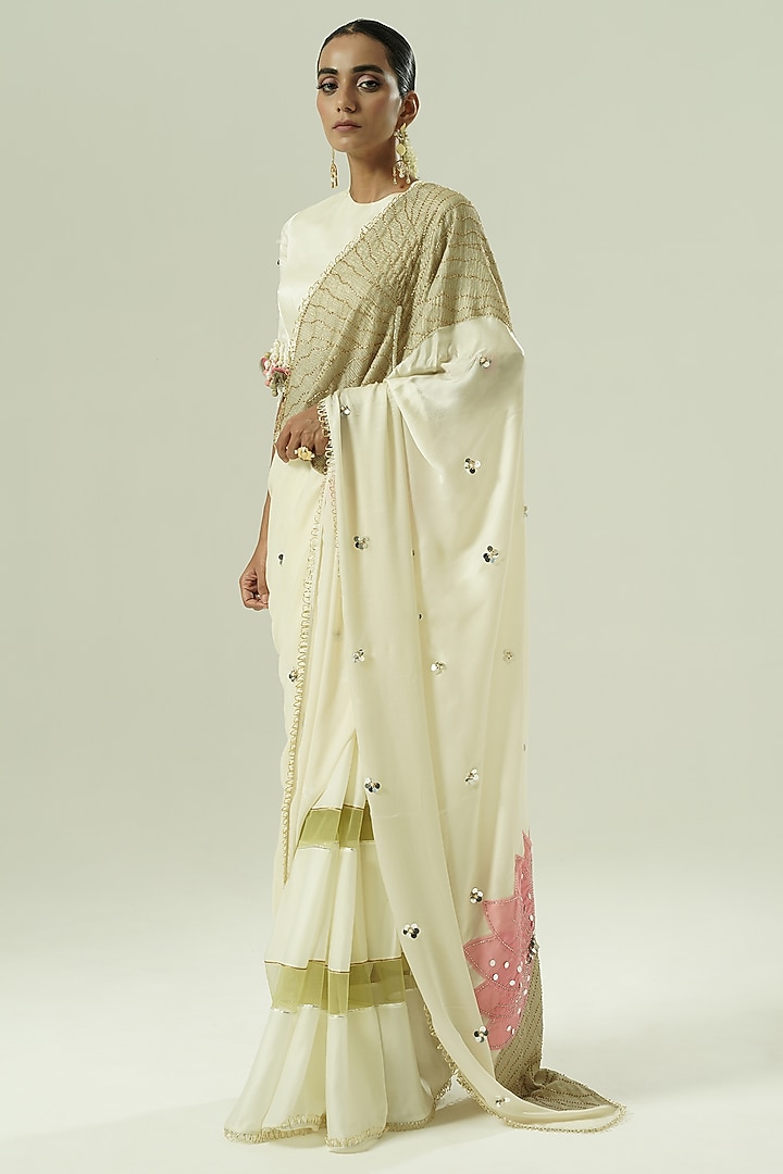 Ivory & Pink Satin Georgette Patchwork Party Wear Saree Set by Shwetanga at Pernia's Pop Up Shop