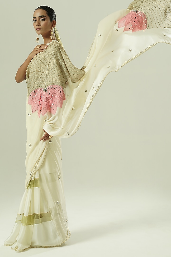 Ivory & Pink Satin Georgette Patchwork Party Wear Saree Set by Shwetanga at Pernia's Pop Up Shop