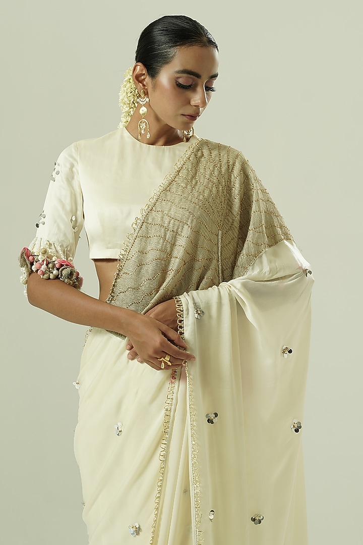 Ivory & Pink Satin Georgette Patchwork Party Wear Saree Set by Shwetanga at Pernia's Pop Up Shop