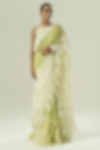 Ivory & Olive Green Organza Color Blocked Party Wear Saree Set by Shwetanga at Pernia's Pop Up Shop