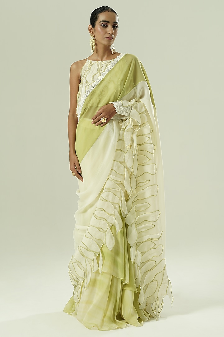 Ivory & Olive Green Organza Color Blocked Party Wear Saree Set by Shwetanga at Pernia's Pop Up Shop