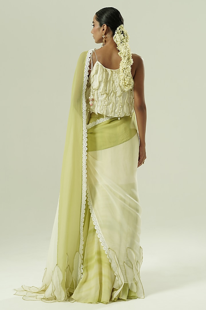 Ivory & Olive Green Organza Color Blocked Party Wear Saree Set by Shwetanga at Pernia's Pop Up Shop