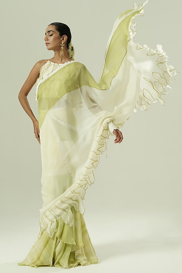 Ivory & Olive Green Organza Color Blocked Party Wear Saree Set by Shwetanga at Pernia's Pop Up Shop