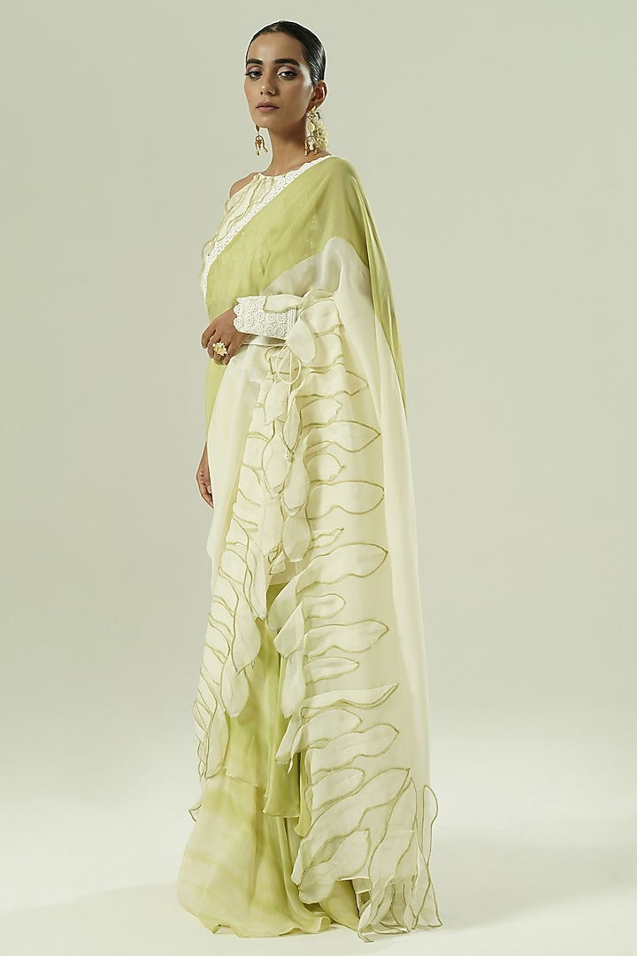 Ivory & Olive Green Organza Color Blocked Party Wear Saree Set by Shwetanga at Pernia's Pop Up Shop