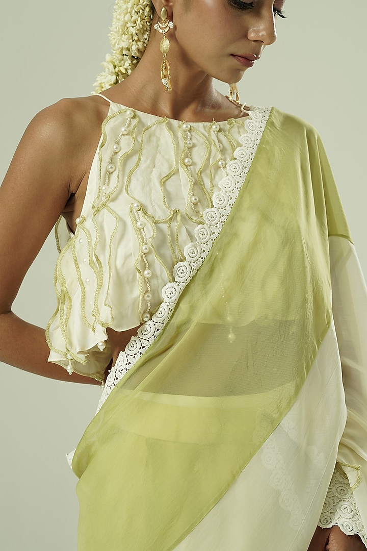 Ivory & Olive Green Organza Color Blocked Party Wear Saree Set by Shwetanga at Pernia's Pop Up Shop