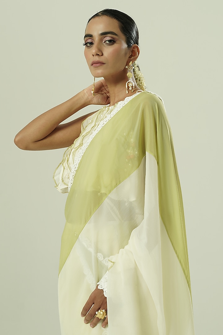 Ivory & Olive Green Organza Color Blocked Party Wear Saree Set by Shwetanga at Pernia's Pop Up Shop