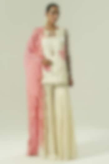 Ivory Satin Georgette & Organza Party Wear Sharara Set by Shwetanga at Pernia's Pop Up Shop