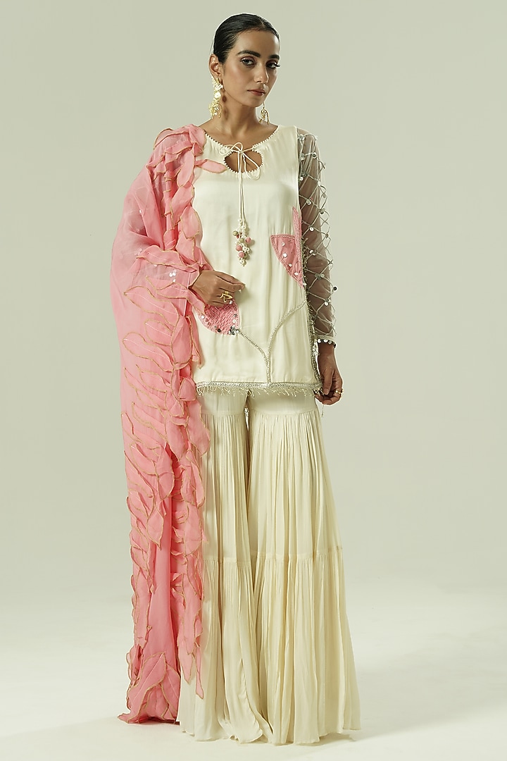 Ivory Satin Georgette & Organza Party Wear Sharara Set by Shwetanga at Pernia's Pop Up Shop