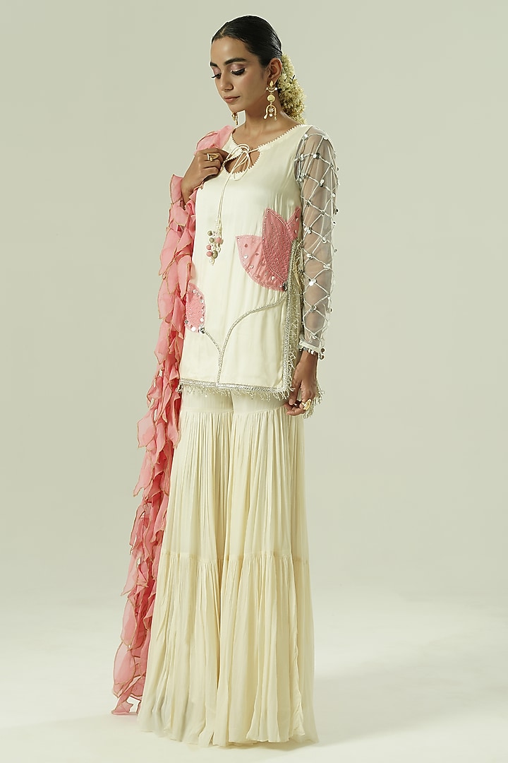 Ivory Satin Georgette & Organza Party Wear Sharara Set by Shwetanga at Pernia's Pop Up Shop