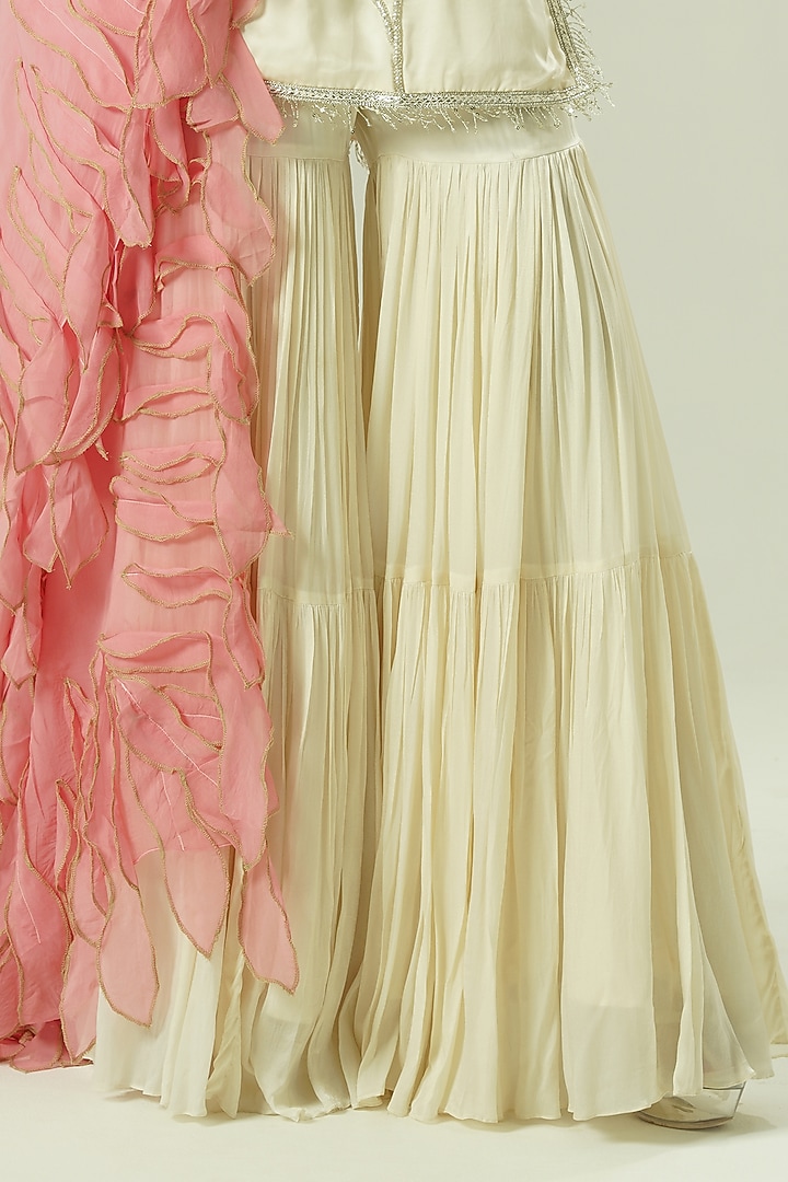 Ivory Satin Georgette & Organza Party Wear Sharara Set by Shwetanga at Pernia's Pop Up Shop