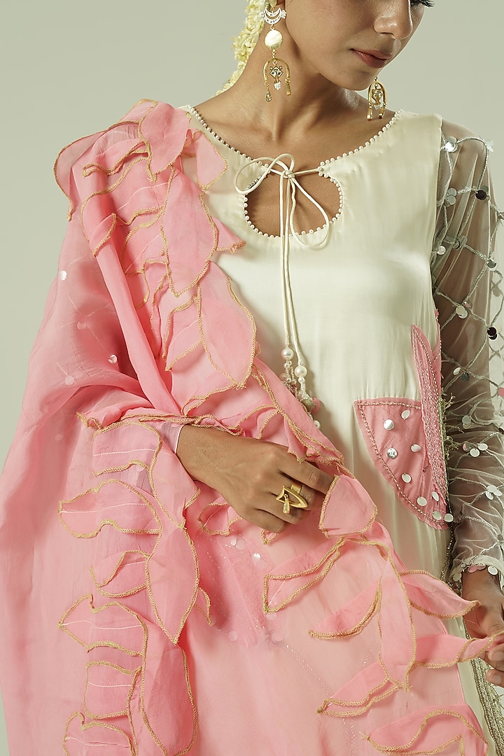 Ivory Satin Georgette & Organza Party Wear Sharara Set by Shwetanga at Pernia's Pop Up Shop