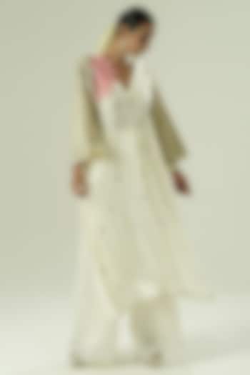 Ivory & Pink Satin Georgette Patchwork Kaftan Set by Shwetanga at Pernia's Pop Up Shop