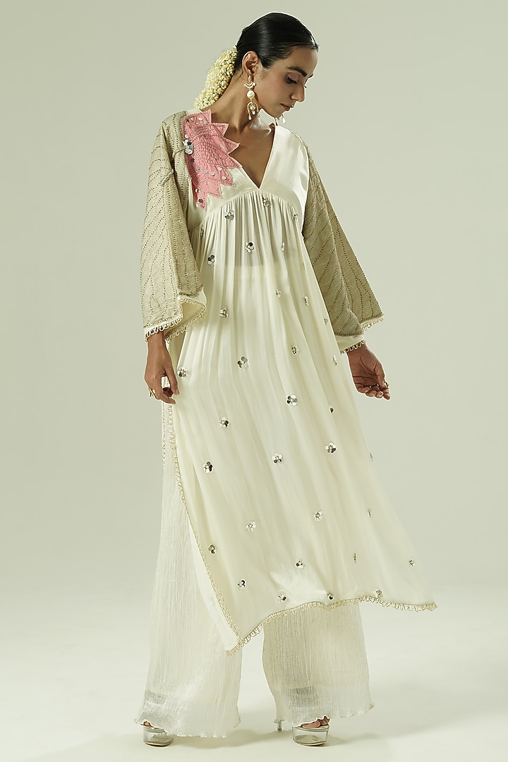 Ivory & Pink Satin Georgette Patchwork Kaftan Set by Shwetanga at Pernia's Pop Up Shop