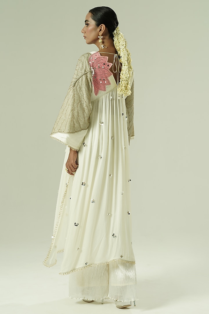Ivory & Pink Satin Georgette Patchwork Kaftan Set by Shwetanga at Pernia's Pop Up Shop
