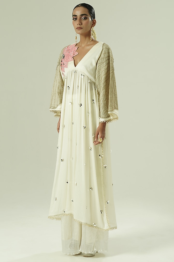 Ivory & Pink Satin Georgette Patchwork Kaftan Set by Shwetanga at Pernia's Pop Up Shop