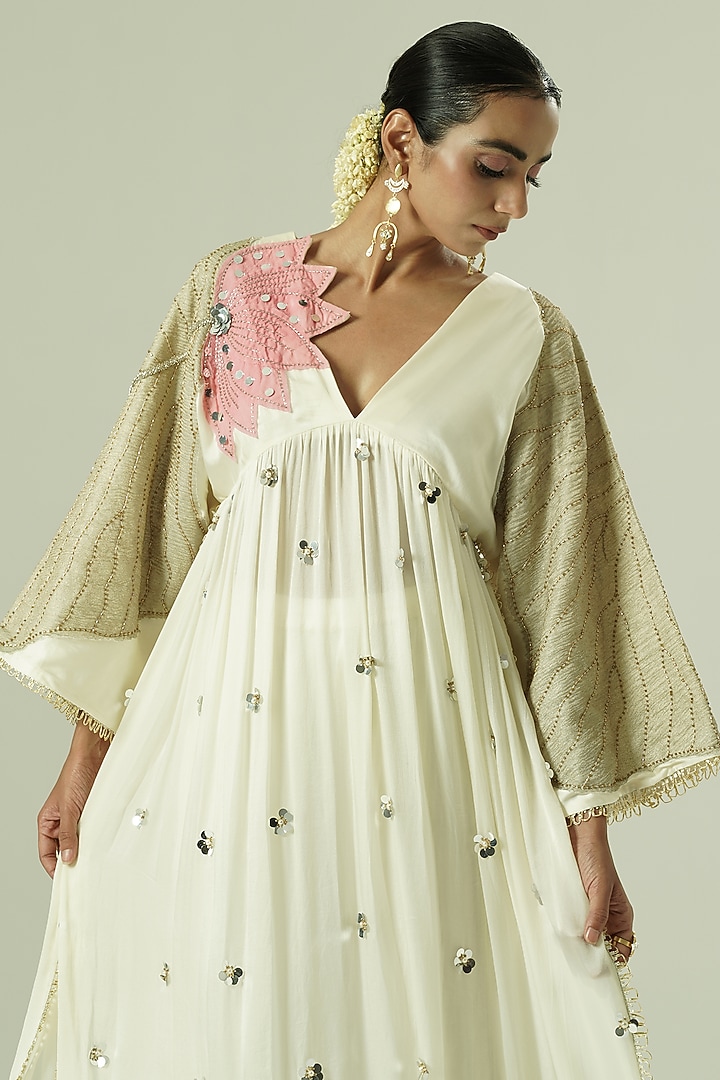 Ivory & Pink Satin Georgette Patchwork Kaftan Set by Shwetanga at Pernia's Pop Up Shop