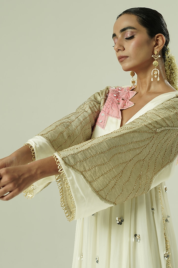 Ivory & Pink Satin Georgette Patchwork Kaftan Set by Shwetanga at Pernia's Pop Up Shop