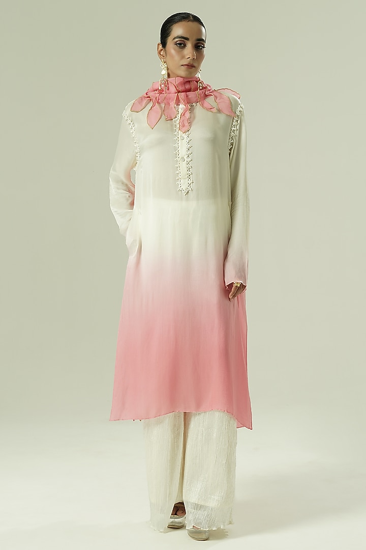 Ivory & Pink Ombre Satin Georgette Bead Work Kurta Set by Shwetanga at Pernia's Pop Up Shop