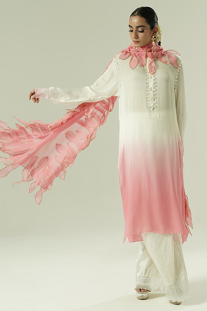 Ivory & Pink Ombre Satin Georgette Bead Work Kurta Set by Shwetanga at Pernia's Pop Up Shop
