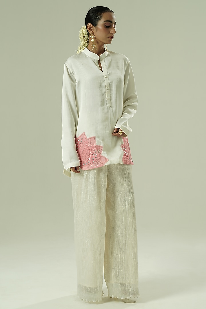 Ivory & Pink Semi Silk Patchwork Co-Ord Set by Shwetanga at Pernia's Pop Up Shop