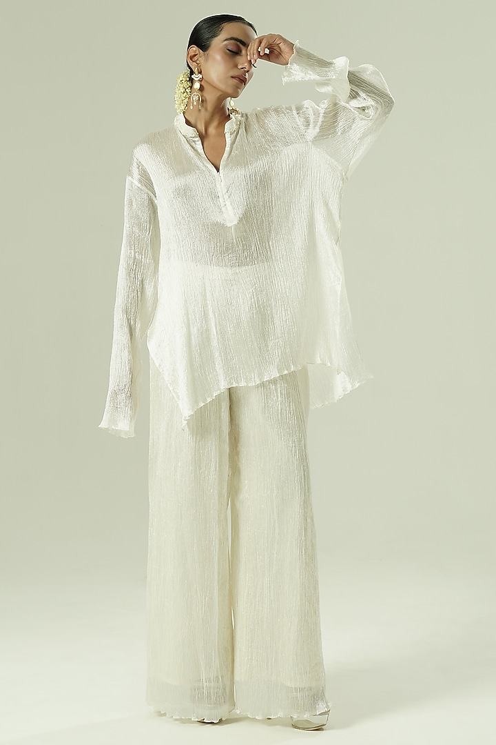 Ivory Crushed Semi Silk Bead Work Co-Ord Set by Shwetanga at Pernia's Pop Up Shop