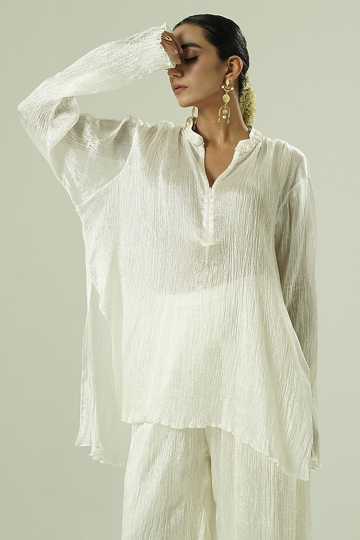 Ivory Crushed Semi Silk Bead Work Co-Ord Set by Shwetanga at Pernia's Pop Up Shop