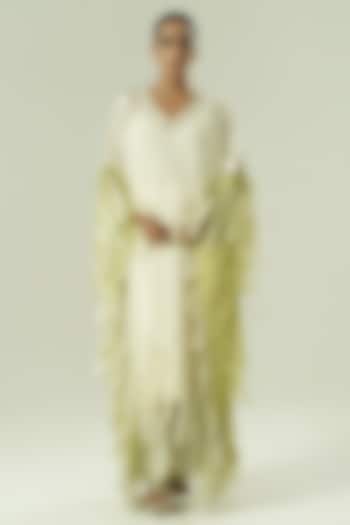 Ivory & Olive Green Organza Bead Work Kaftan Set by Shwetanga at Pernia's Pop Up Shop