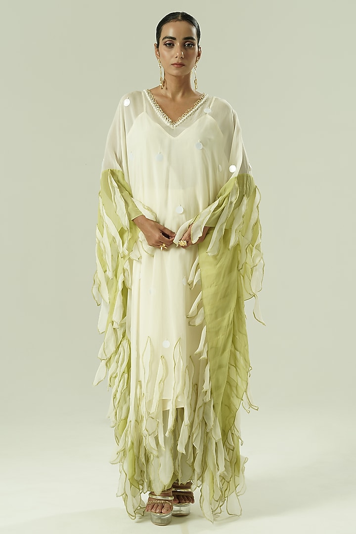 Ivory & Olive Green Organza Bead Work Kaftan Set by Shwetanga at Pernia's Pop Up Shop