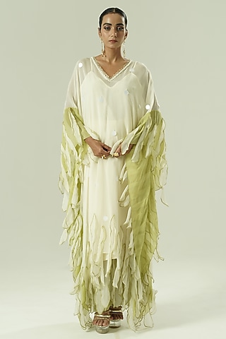 Ivory & Olive Green Organza Bead Work Kaftan Set by Shwetanga