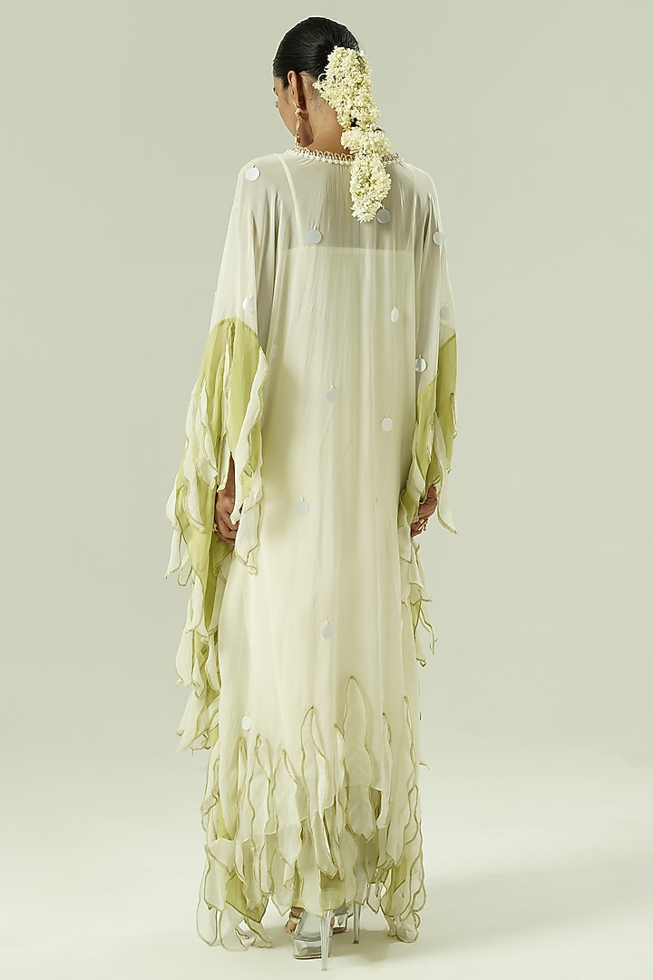 Ivory & Olive Green Organza Bead Work Kaftan Set by Shwetanga at Pernia's Pop Up Shop
