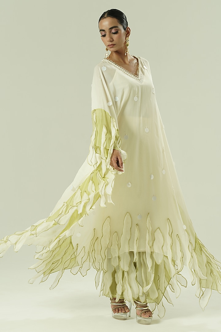 Ivory & Olive Green Organza Bead Work Kaftan Set by Shwetanga at Pernia's Pop Up Shop
